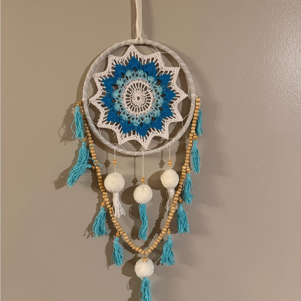 Blue and White Dreamcatcher with Beads